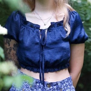 Navy blue puff sleeve peasant crop top